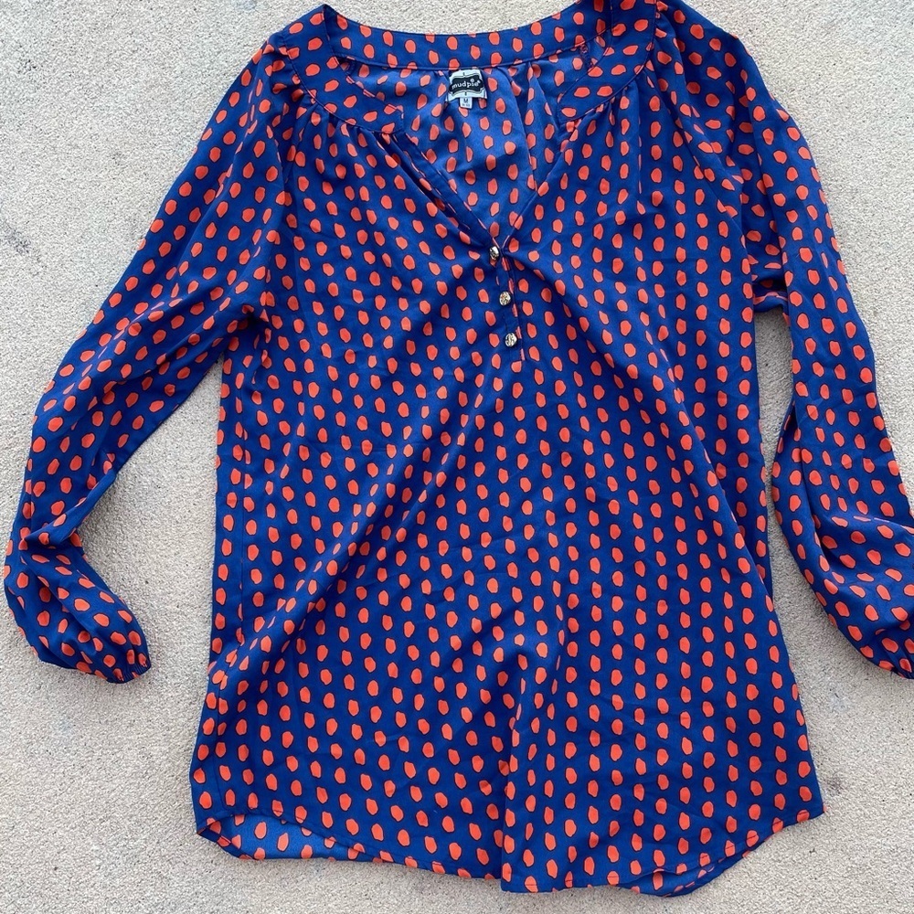 Mud Pie Navy and Orange Polka Dot Satin Blouse Size Medium